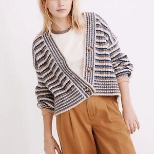 Madewell Striped Knit Button-Front Cardigan in Blue, Cream & Brown